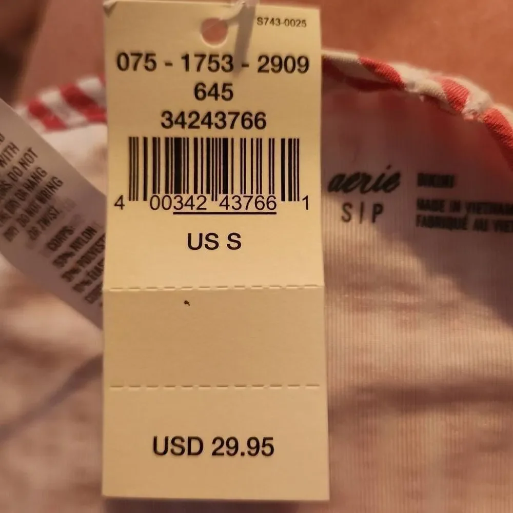 Aerie Women's Size Small Red White Stripe Ruffle Side Bikini Bottom